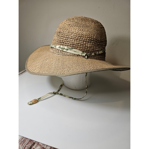Dorfman Pacific Accessories - Dorfman Pacific Womens Straw Sun Hat Wide Brim Floral Print Chin Strap Tan Green